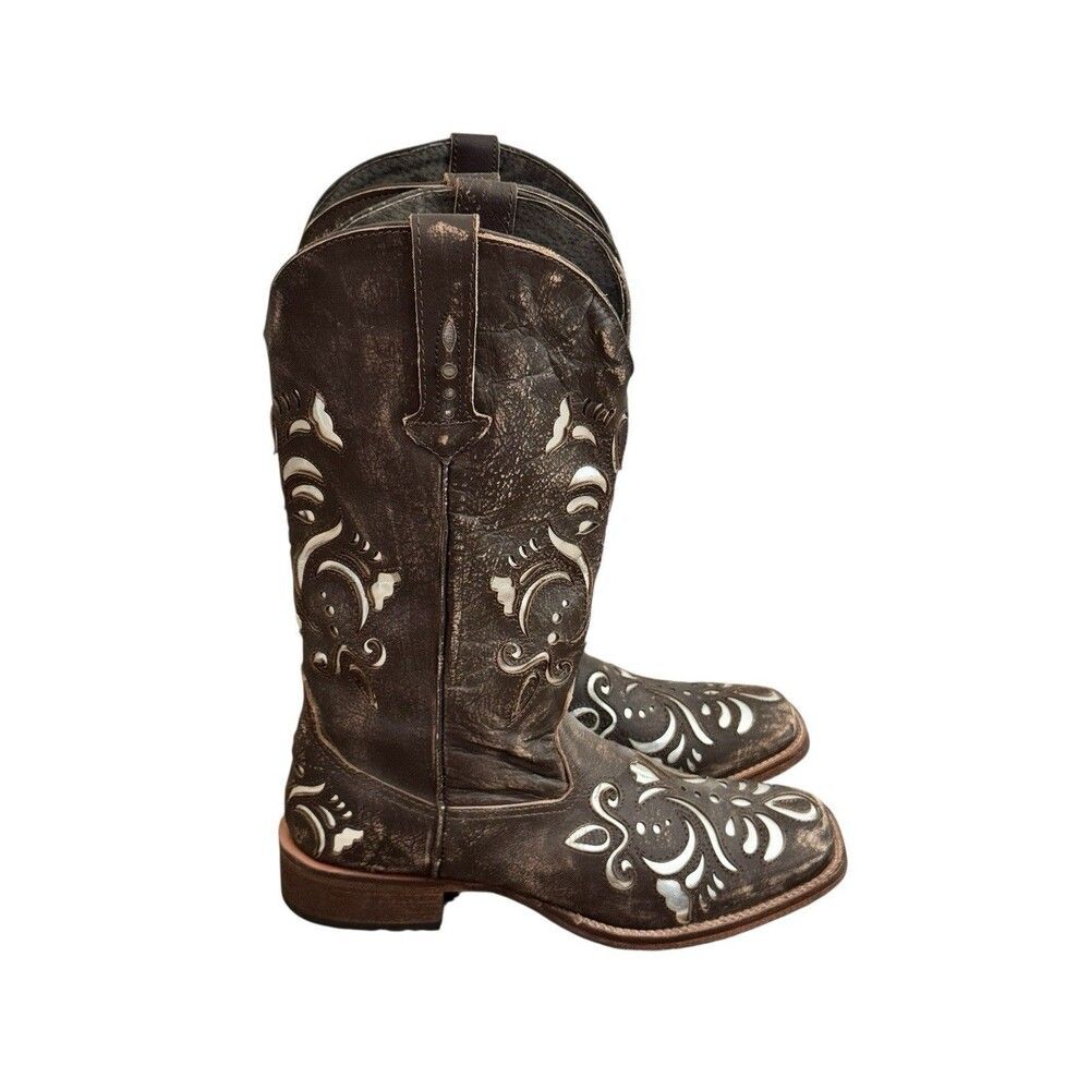 Roper Boots Women’s 8 Brown Distressed Leather Fancy Silver Inlay Cowgirl